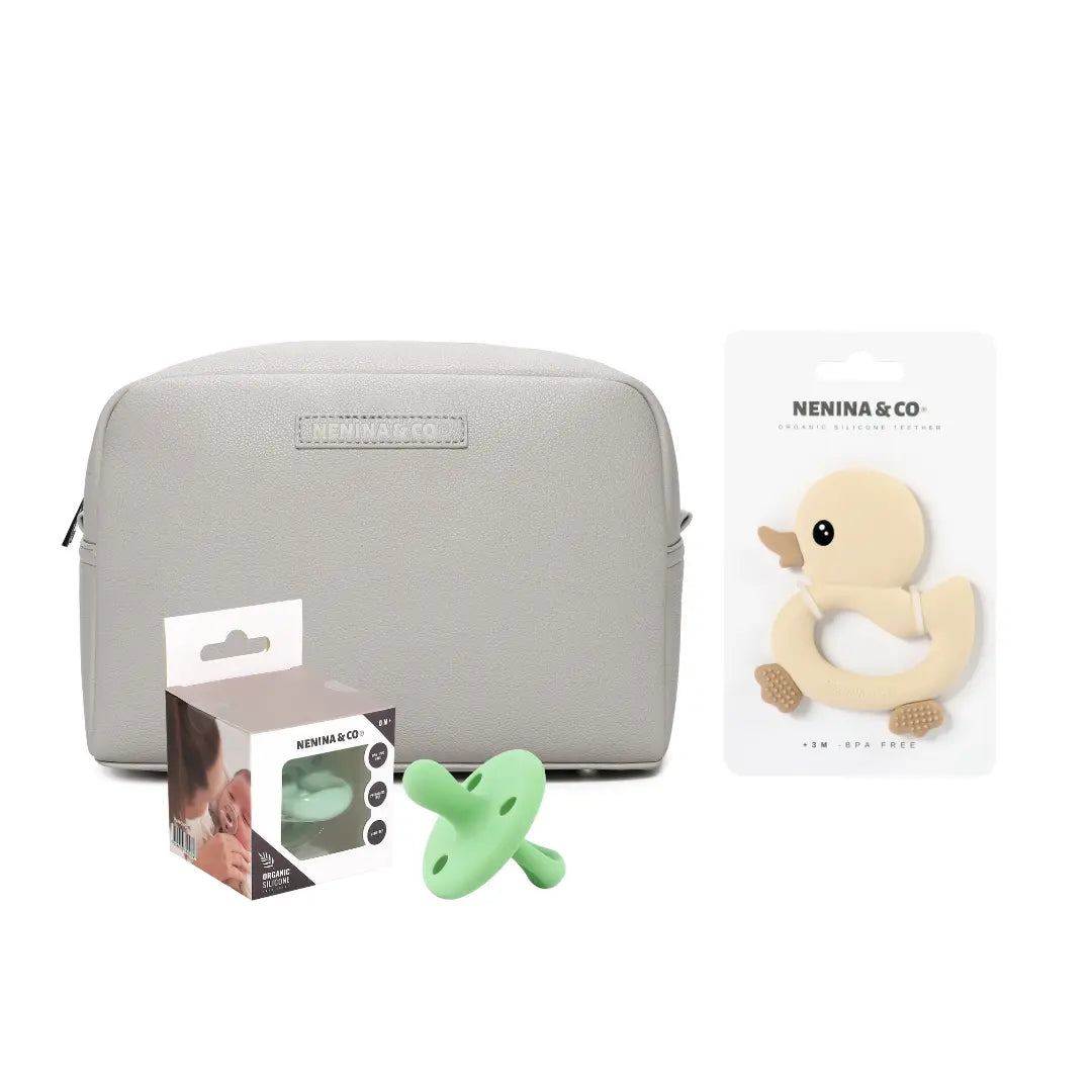 kit Esencial neceser Gris+ chupete clásico + mordedor Nenina & Co 