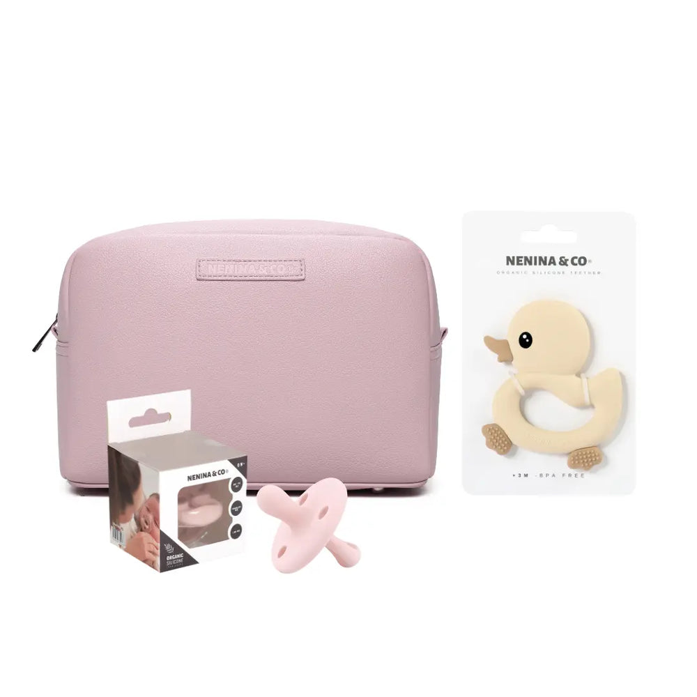 kit Esencial neceser Rosa + chupete clásico + mordedor Nenina & Co 
