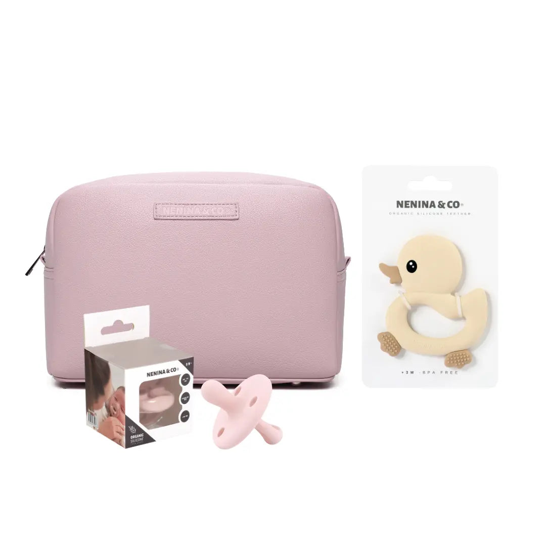 kit Esencial neceser Rosa + chupete clásico + mordedor Nenina & Co 