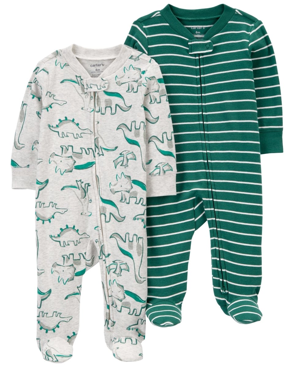 Set de 2 pijamas enterizos de algodón con pies, diseños de dinosaurios y rayas en verde - Carter's