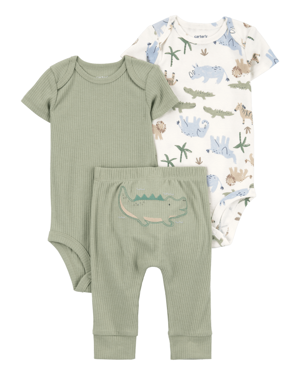 Set tres piezas de algodón, pantalón y dos bodies, diseño caimán - Carter´s